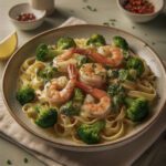 Shrimp and Broccoli Fettuccini pasta with a Lemon cream-sauce