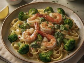 Shrimp and Broccoli Fettuccini pasta with a Lemon cream-sauce
