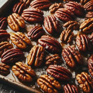 Picture of a candied pecans recipe on a baking sheet