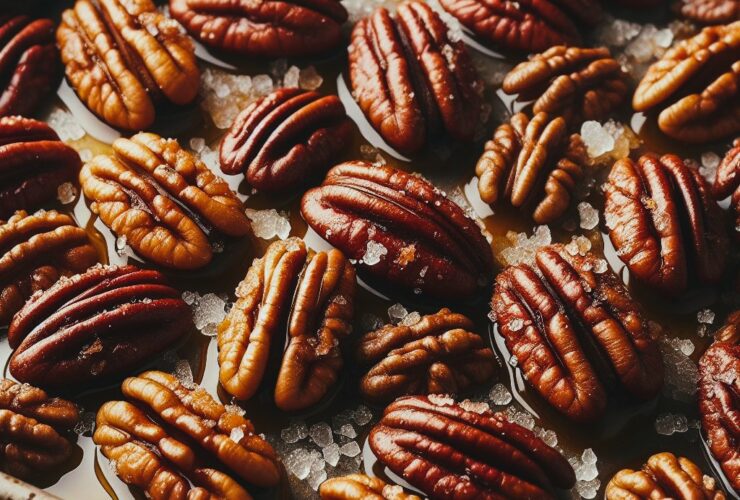 Picture of a candied pecans recipe on a baking sheet