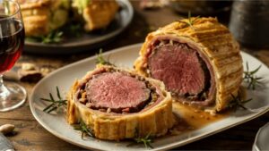 beef wellington sliced on elegant platter showing perfect pink center and golden pastry