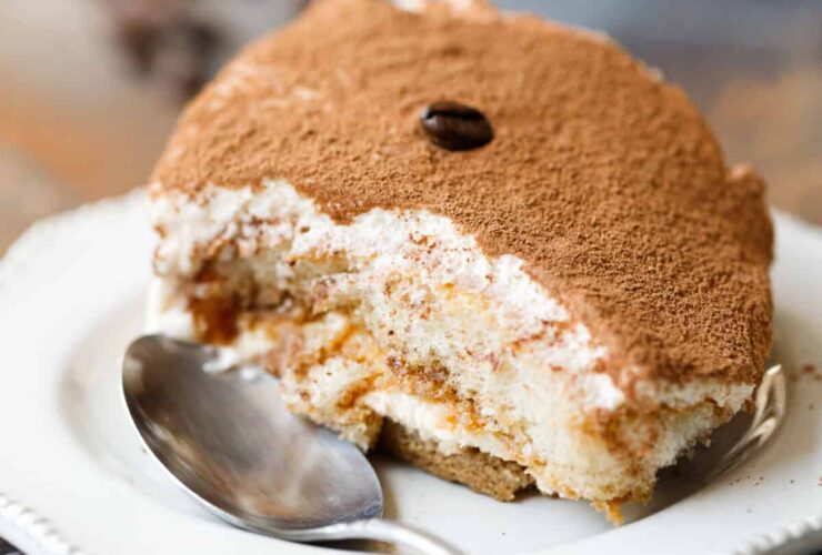 Classic tiramisu slice on elegant white plate showing distinct layers with cocoa powder dusting