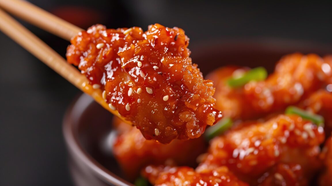 Close-up shot of Korean fried chicken piece being held with chopsticks, showing the glossy glaze and crispy texture