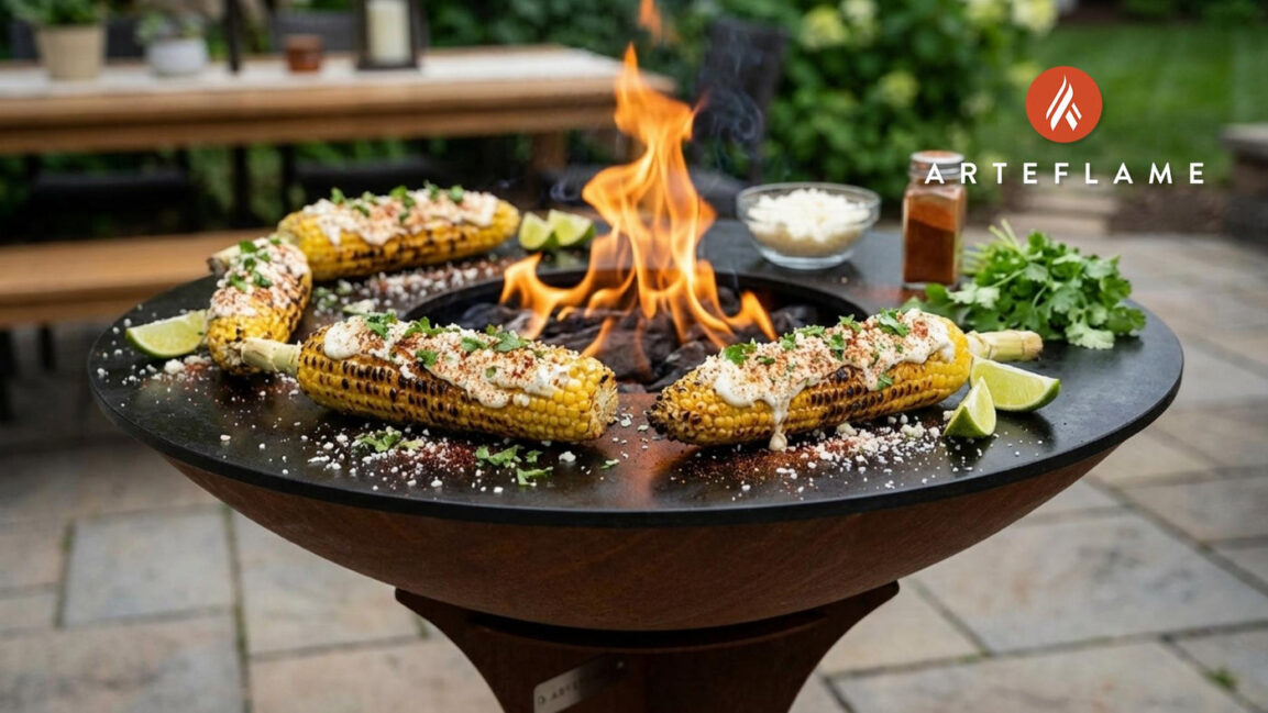 Close-up of corn being charred in a cast iron skillet with flames licking the kernels, showing beautiful golden-brown caramelization