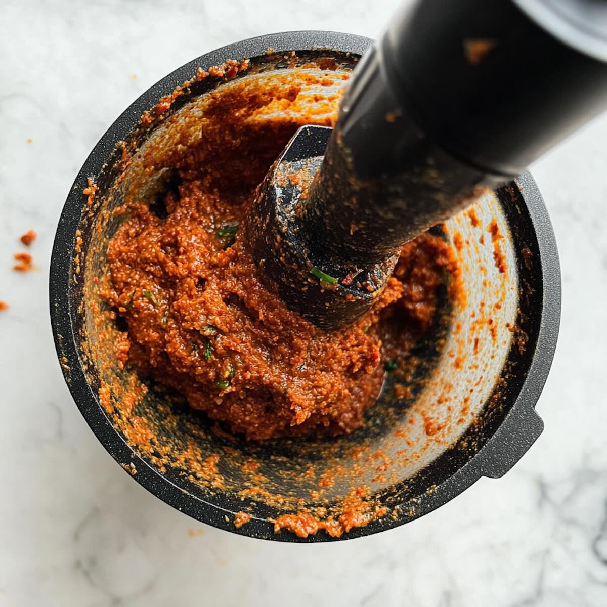 curry paste being fried in pan with oil and aromatics