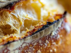 golden sourdough bread loaf with perfectly blistered crust and steam rising from a fresh slice, showing the beautiful open crumb structure