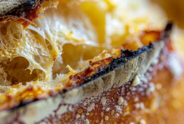 golden sourdough bread loaf with perfectly blistered crust and steam rising from a fresh slice, showing the beautiful open crumb structure
