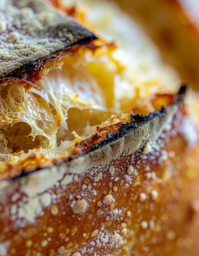 golden sourdough bread loaf with perfectly blistered crust and steam rising from a fresh slice, showing the beautiful open crumb structure