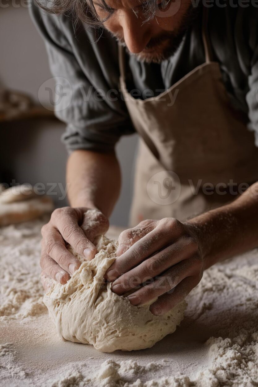 hands shaping sourdough dough on a floured surface, showing proper technique and dough texture