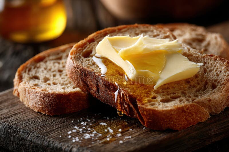close-up of sourdough bread slice topped with butter melting into the open crumb, showing texture detail and serving suggestion
