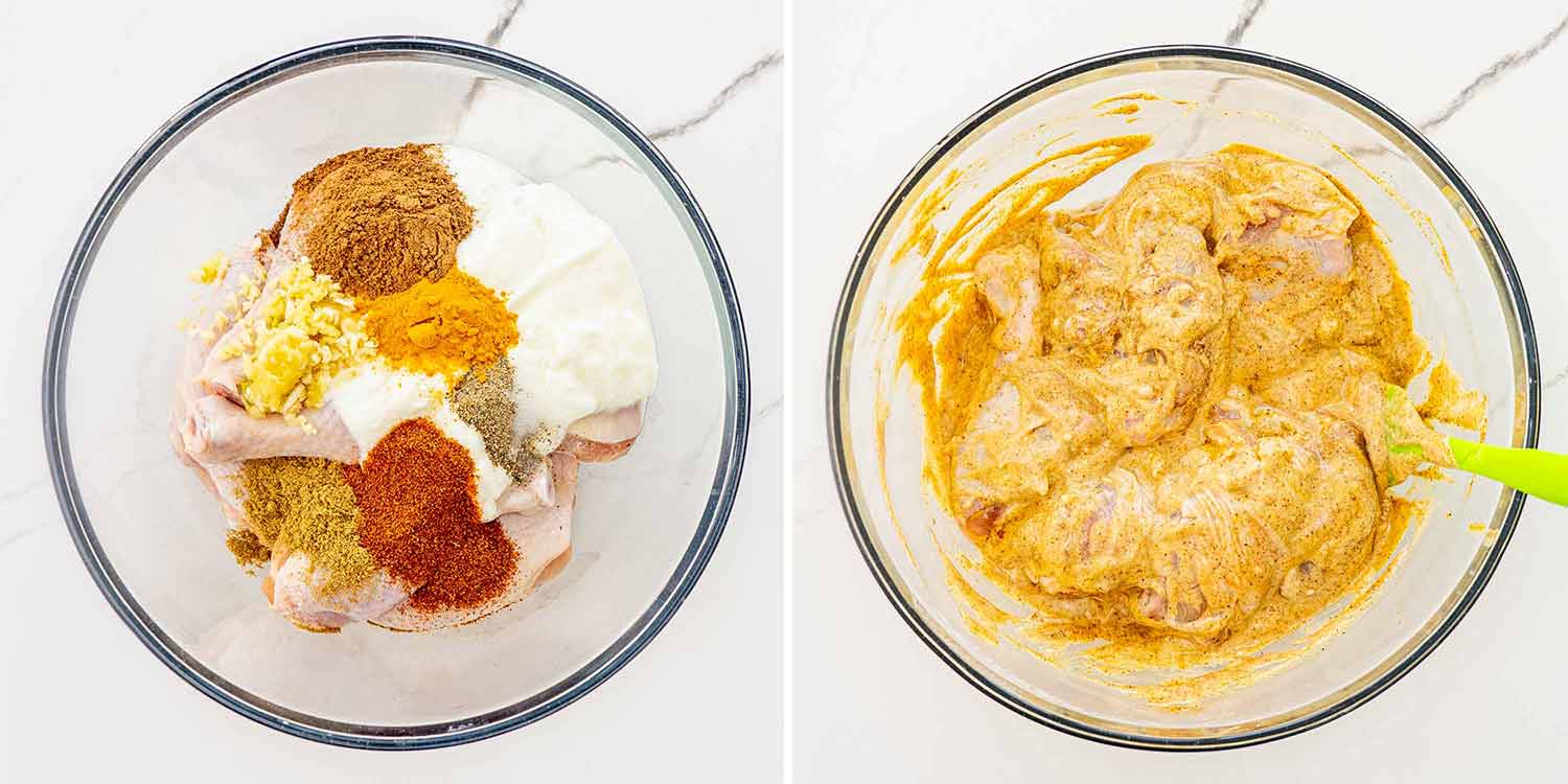 Step-by-step collage showing marinated chicken pieces in yogurt and spices, alongside perfectly cooked basmati rice grains and a small bowl of golden saffron water