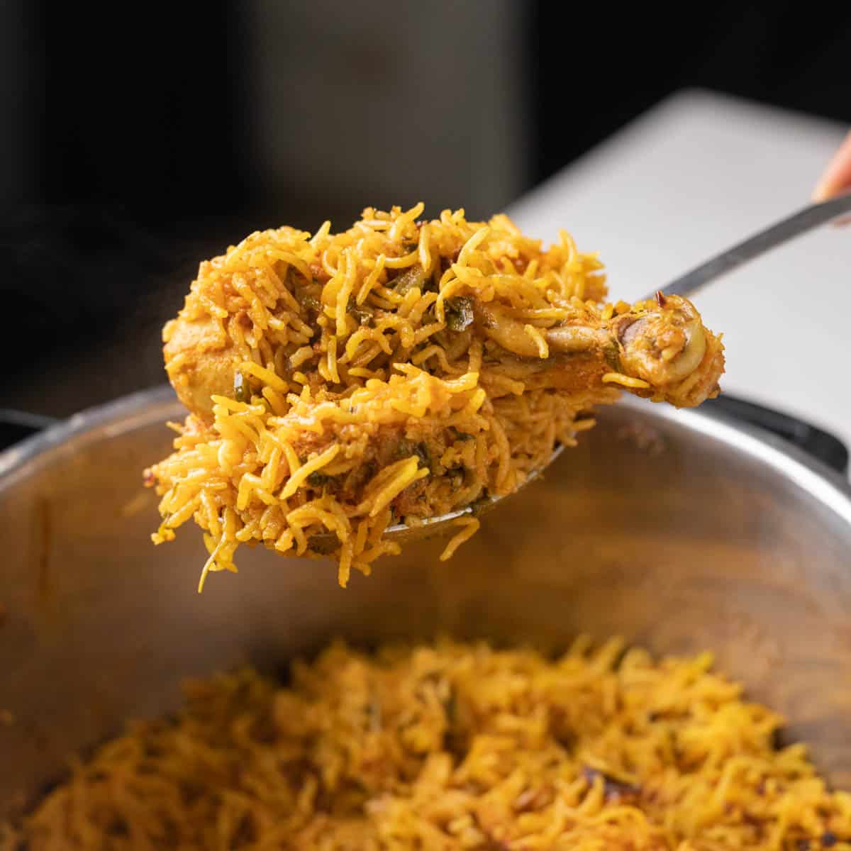 Close-up shot of a spoonful of chicken biryani showing the perfect grain separation, tender chicken pieces, and golden saffron color with steam rising