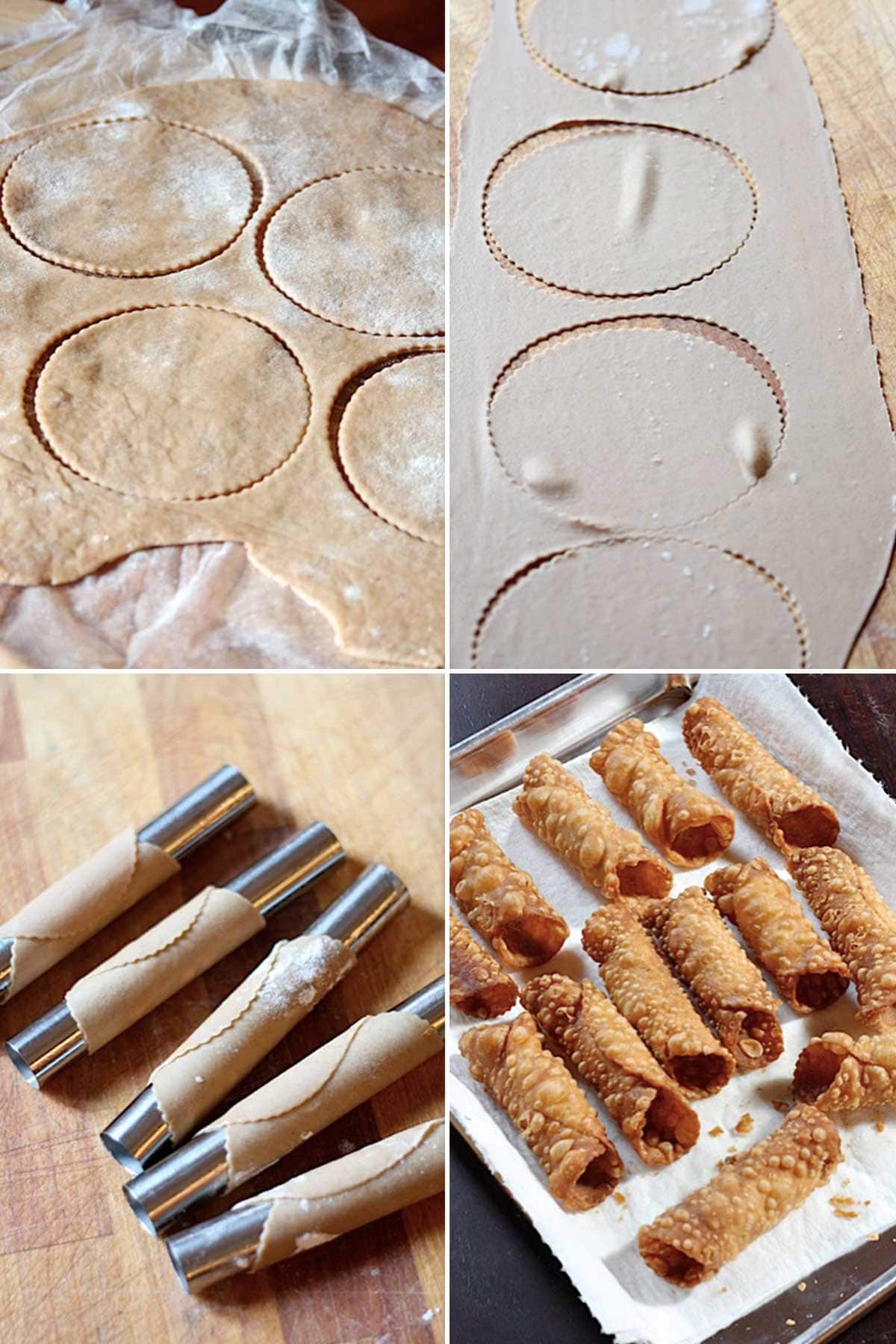 Step-by-step process showing cannoli shells being wrapped around metal tubes before frying, and a bowl of creamy ricotta filling being prepared