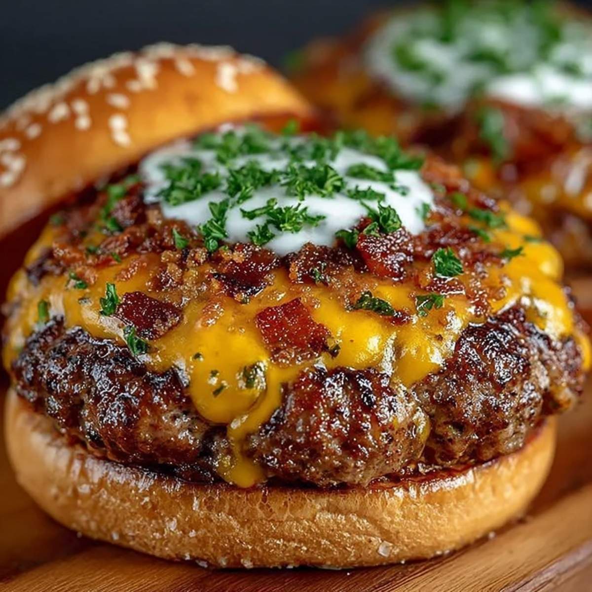 Hands forming stuffed cheddar ranch beef patties on a wooden cutting board surrounded by raw ingredients including bacon strips, shredded cheddar, ranch seasoning packet, and ground beef