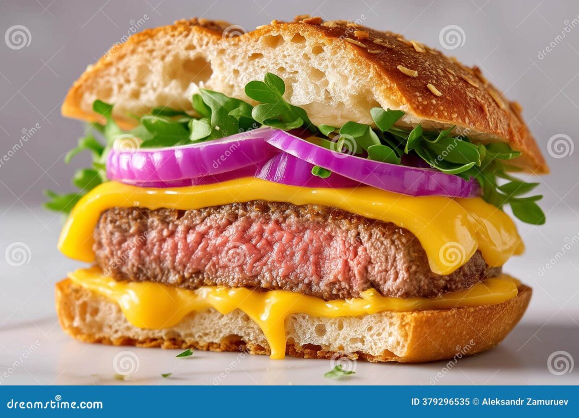 Close-up cross-section of a Bacon Ranch Burger showing the melted cheddar center, juicy beef patty interior, crispy bacon layer, and ranch drizzle on a toasted brioche bun