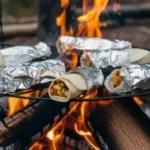 Campfire breakfast burritos wrapped in foil and resting on a campfire grate over glowing orange embers, one unwrapped burrito showing layers of scrambled eggs, sausage, and melted cheese