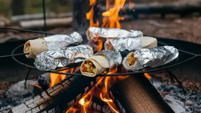 Campfire breakfast burritos wrapped in foil and resting on a campfire grate over glowing orange embers, one unwrapped burrito showing layers of scrambled eggs, sausage, and melted cheese