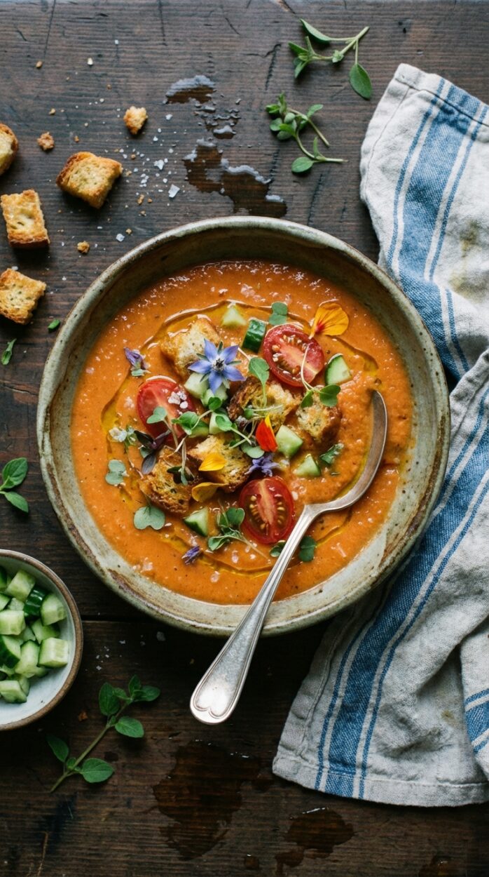 Close-up shot of chilled gazpacho being poured from a glass pitcher into a chilled white bowl, garnished with micro herbs, a drizzle of olive oil, and small cubes of cucumber, captured mid-pour with natural side lighting