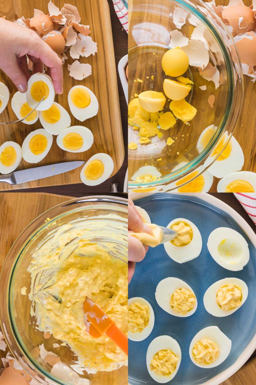 Step-by-step ingredients flat lay showing a dozen eggs, a bowl of creamy yellow yolk filling, piping bag, smoked paprika, Dijon mustard jar, and fresh chives on a light wood surface