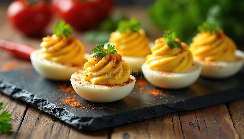 Close-up of two classic deviled eggs on a slate board, showing the creamy piped filling with visible paprika dust, a sprinkle of fresh chives, and perfectly smooth egg whites, shallow depth of field, rich natural light