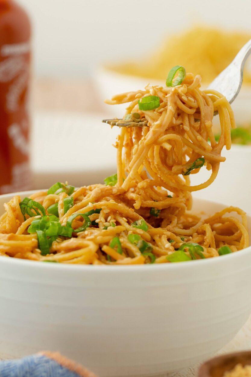 Close-up of cold sesame noodles twirled on a fork showing the glossy peanut sesame sauce coating, with sesame seeds and chili oil visible, shot with warm side lighting