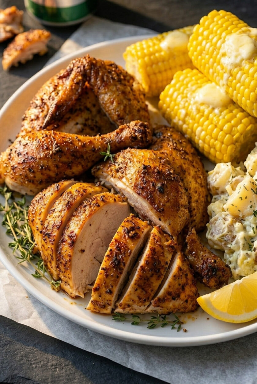 Beer Can Chicken close-up serving shot — crispy golden skin close-up with carved chicken pieces on a platter surrounded by grilled corn and roasted vegetables