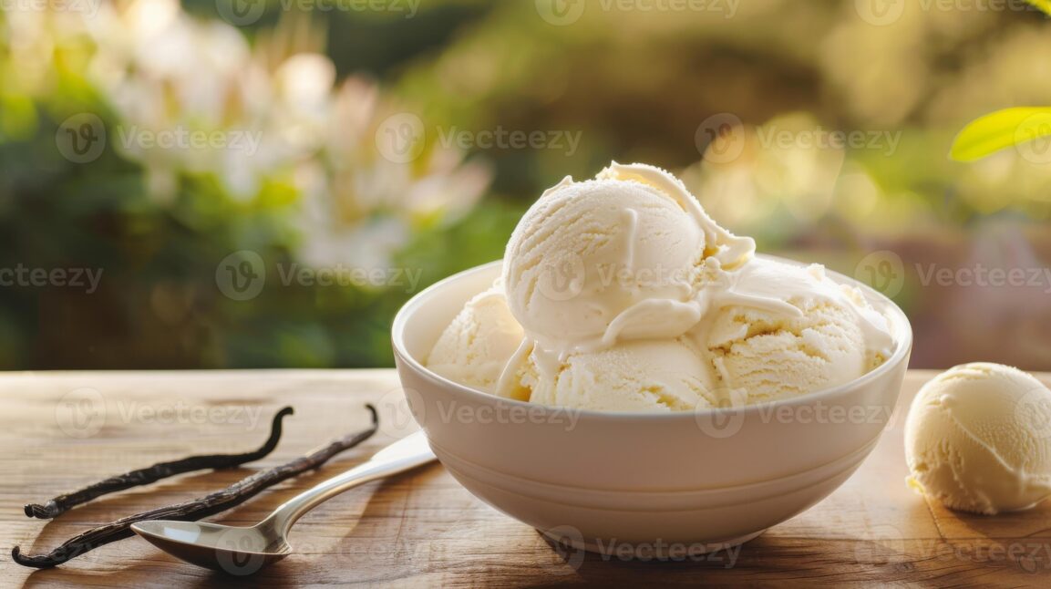 Homemade vanilla ice cream scooped into a white ceramic bowl, golden and creamy with visible vanilla bean specks, styled on a rustic wooden table with a linen napkin and fresh vanilla pods