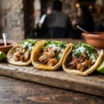 Instant Pot Carnitas Tacos piled high on warm corn tortillas with pickled onions, fresh cilantro, and lime wedges on a rustic wooden board