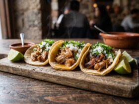 Instant Pot Carnitas Tacos piled high on warm corn tortillas with pickled onions, fresh cilantro, and lime wedges on a rustic wooden board