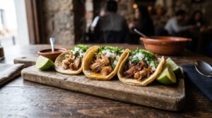 Instant Pot Carnitas Tacos piled high on warm corn tortillas with pickled onions, fresh cilantro, and lime wedges on a rustic wooden board