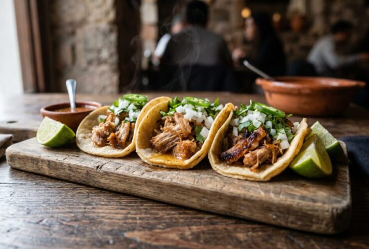 Instant Pot Carnitas Tacos piled high on warm corn tortillas with pickled onions, fresh cilantro, and lime wedges on a rustic wooden board
