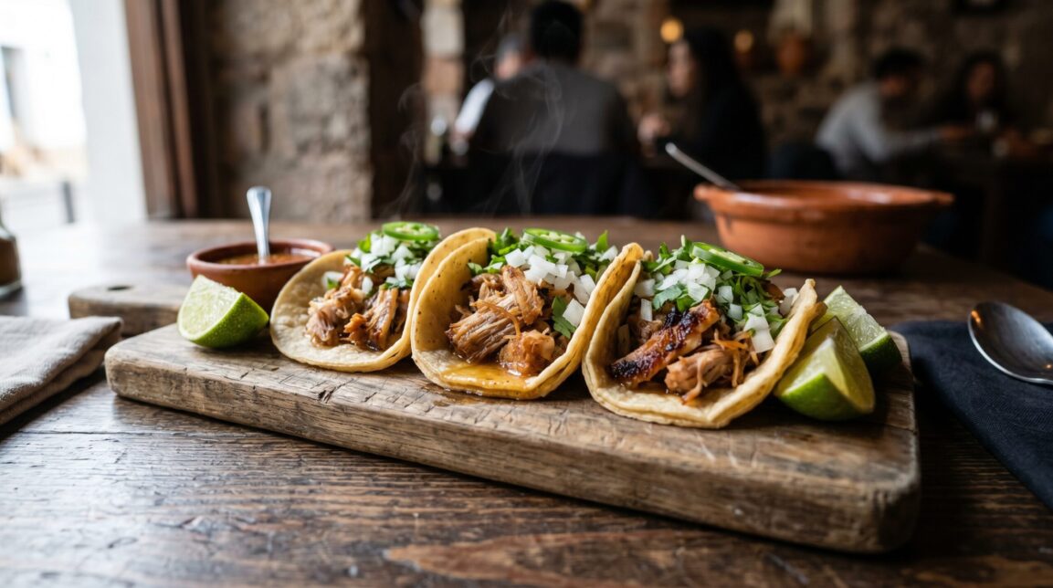 Instant Pot Carnitas Tacos piled high on warm corn tortillas with pickled onions, fresh cilantro, and lime wedges on a rustic wooden board