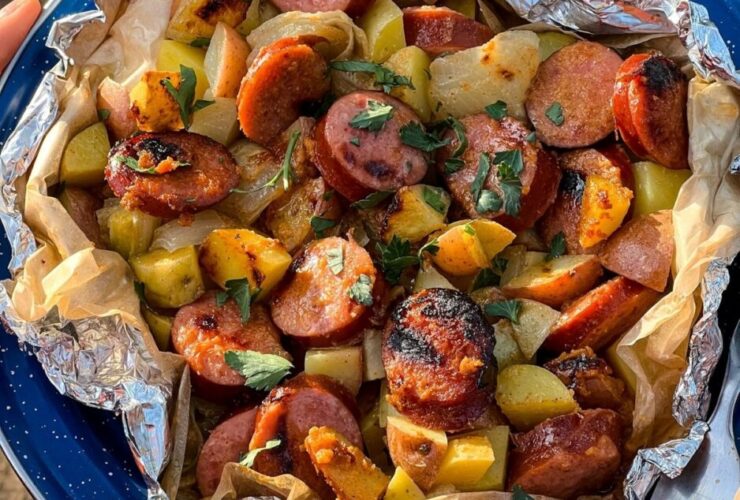 Kielbasa and potato foil packets opened on a plate showing smoky sausage slices, golden roasted potatoes, and melted butter glaze with a spicy mustard drizzle