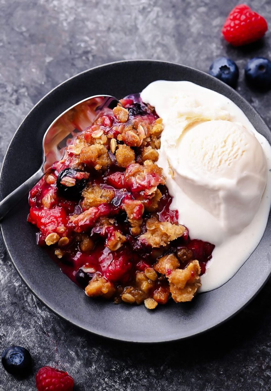 Close-up of Mixed Berry Crisp being scooped with a large spoon showing the glossy jammy berry filling and chunky golden oat crumble topping, with vanilla ice cream melting beside it