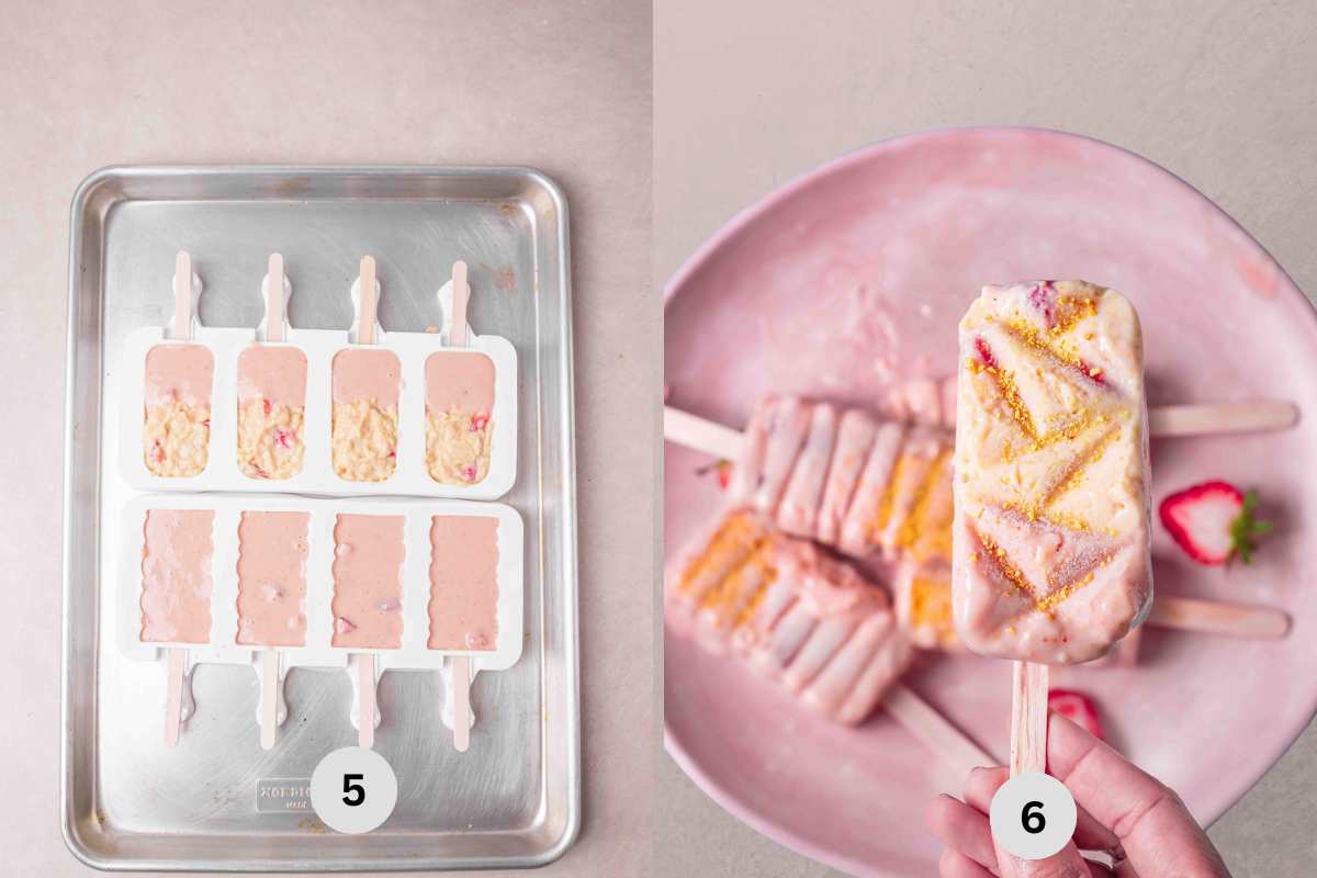 Overhead flat lay of popsicle molds being filled with vibrant berry mixture, whole blueberries and raspberries visible, cream being swirled in with a skewer, colorful and process-focused shot