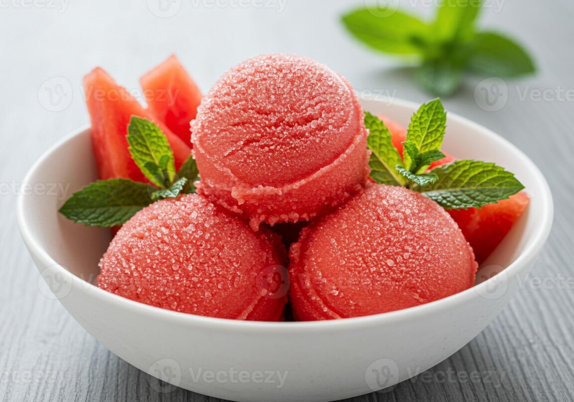 Scoops of vibrant pink-red watermelon sorbet served in a chilled white bowl garnished with fresh mint leaves and a wedge of watermelon on a sunny outdoor table