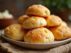 Golden Brazilian Pão de Queijo cheese bread rolls piled in a rustic basket lined with a linen cloth, steam rising, melted cheese visible inside a torn-open roll, warm kitchen background