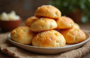Golden Brazilian Pão de Queijo cheese bread rolls piled in a rustic basket lined with a linen cloth, steam rising, melted cheese visible inside a torn-open roll, warm kitchen background