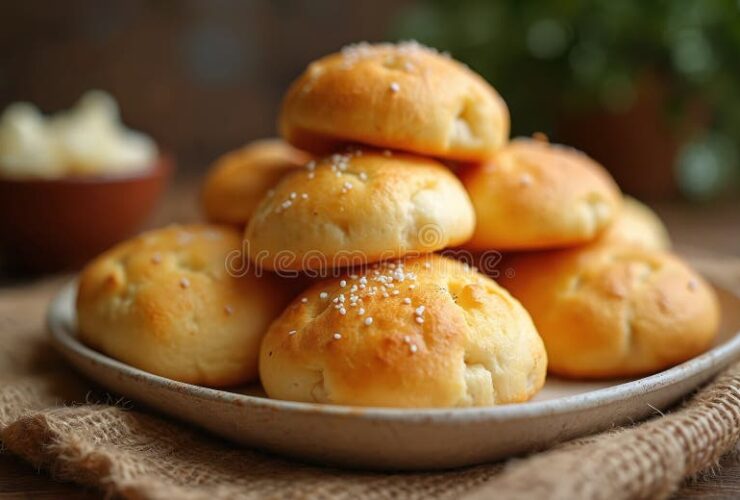Golden Brazilian Pão de Queijo cheese bread rolls piled in a rustic basket lined with a linen cloth, steam rising, melted cheese visible inside a torn-open roll, warm kitchen background