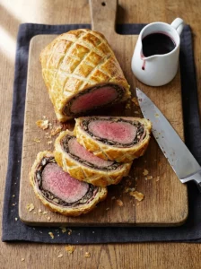 Sliced British Beef Wellington on a wooden board, showing a perfect medium-rare pink center wrapped in golden puff pastry and mushroom duxelles, garnished with fresh thyme