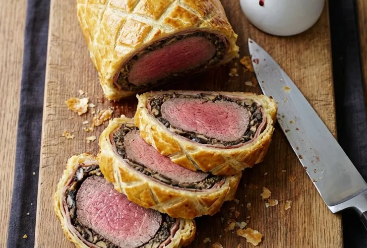 Sliced British Beef Wellington on a wooden board, showing a perfect medium-rare pink center wrapped in golden puff pastry and mushroom duxelles, garnished with fresh thyme