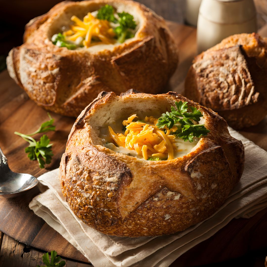A close-up shot of broccoli cheddar soup being ladled into a sourdough bread bowl, with steam rising and strings of melted cheddar visible, garnished with a sprinkle of paprika