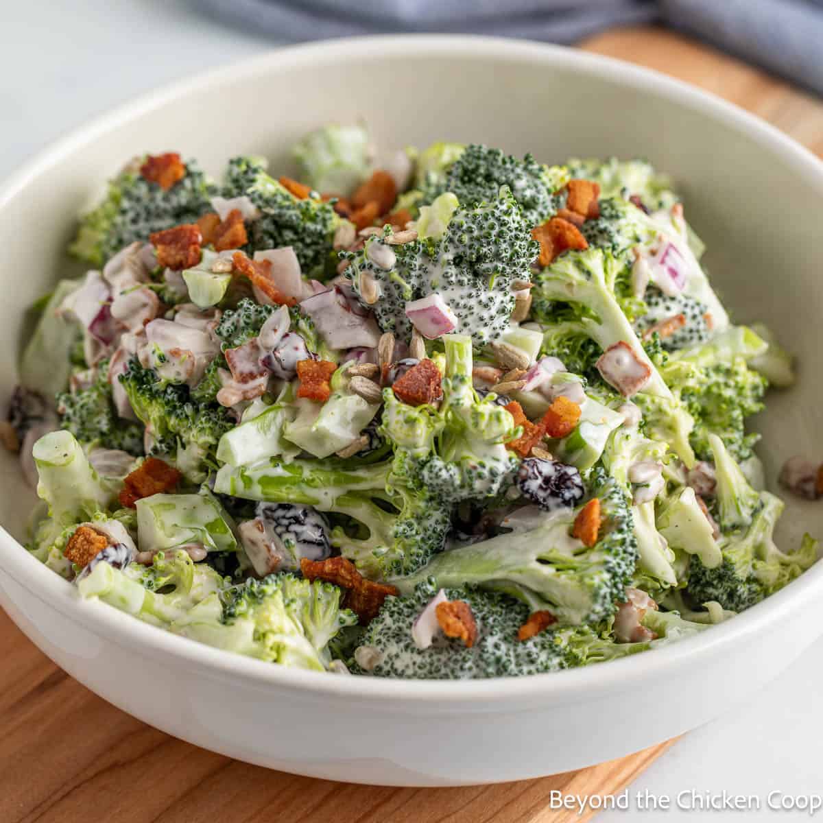 Flat lay of broccoli salad ingredients on a marble countertop: raw broccoli florets, crumbled bacon, cubed sharp cheddar, sunflower seeds, red onion, raisins, and a small bowl of creamy dressing