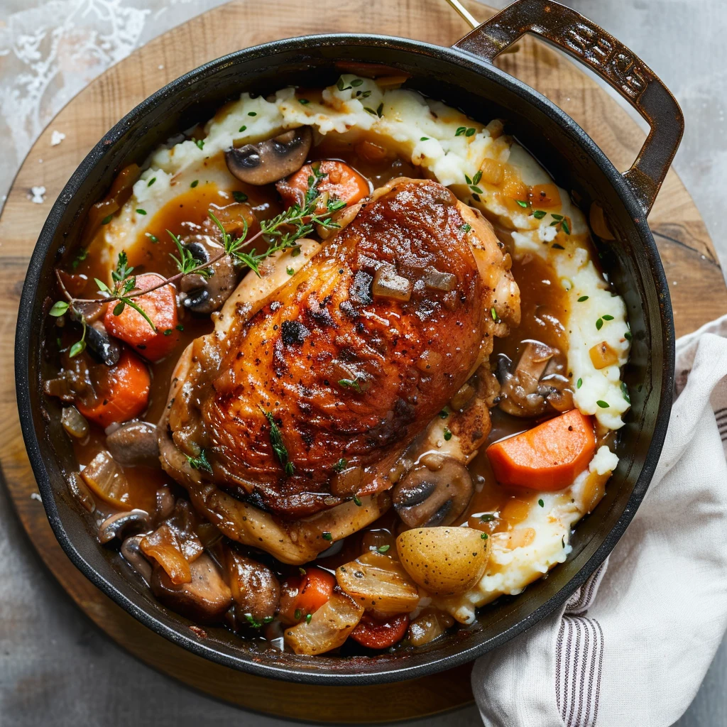 Close-up of Coq au Vin plated over creamy mashed potatoes with glossy wine sauce, pearl onions, mushrooms, and a sprig of fresh thyme