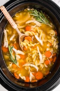 A steaming bowl of Crockpot Chicken Noodle Soup with golden broth, tender chicken, carrots, celery, and egg noodles, garnished with fresh parsley on a rustic wooden table