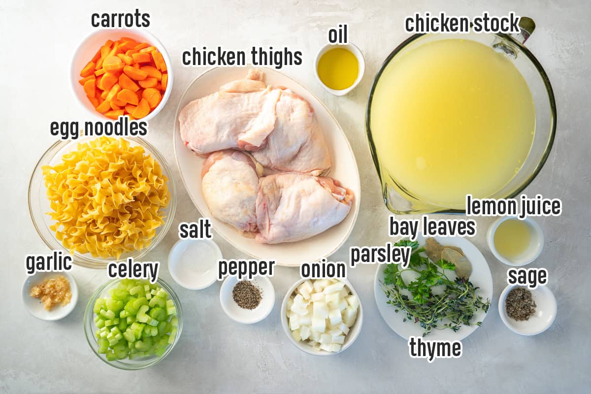 Overhead flat-lay of Crockpot Chicken Noodle Soup ingredients including raw bone-in chicken thighs, carrots, celery, onion, garlic, egg noodles, fresh thyme, and chicken broth arranged on a white marble surface