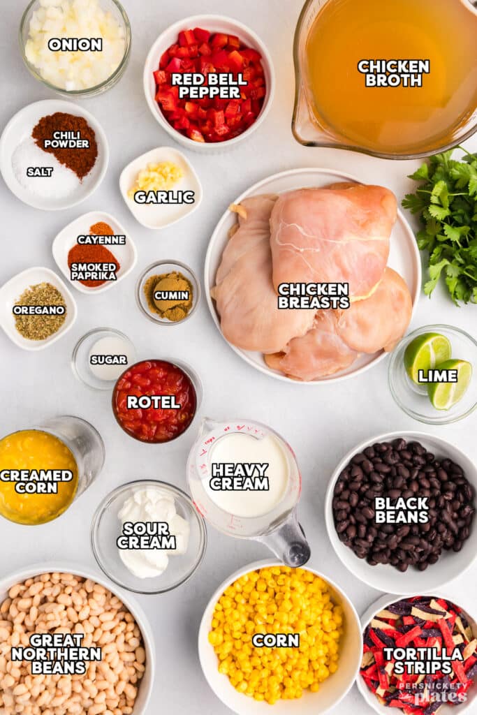 Crockpot Chicken Tortilla Soup ingredients laid out flat — raw chicken breasts, cans of fire-roasted tomatoes and black beans, frozen corn, spices in small bowls, chicken broth, and diced onion on a marble surface