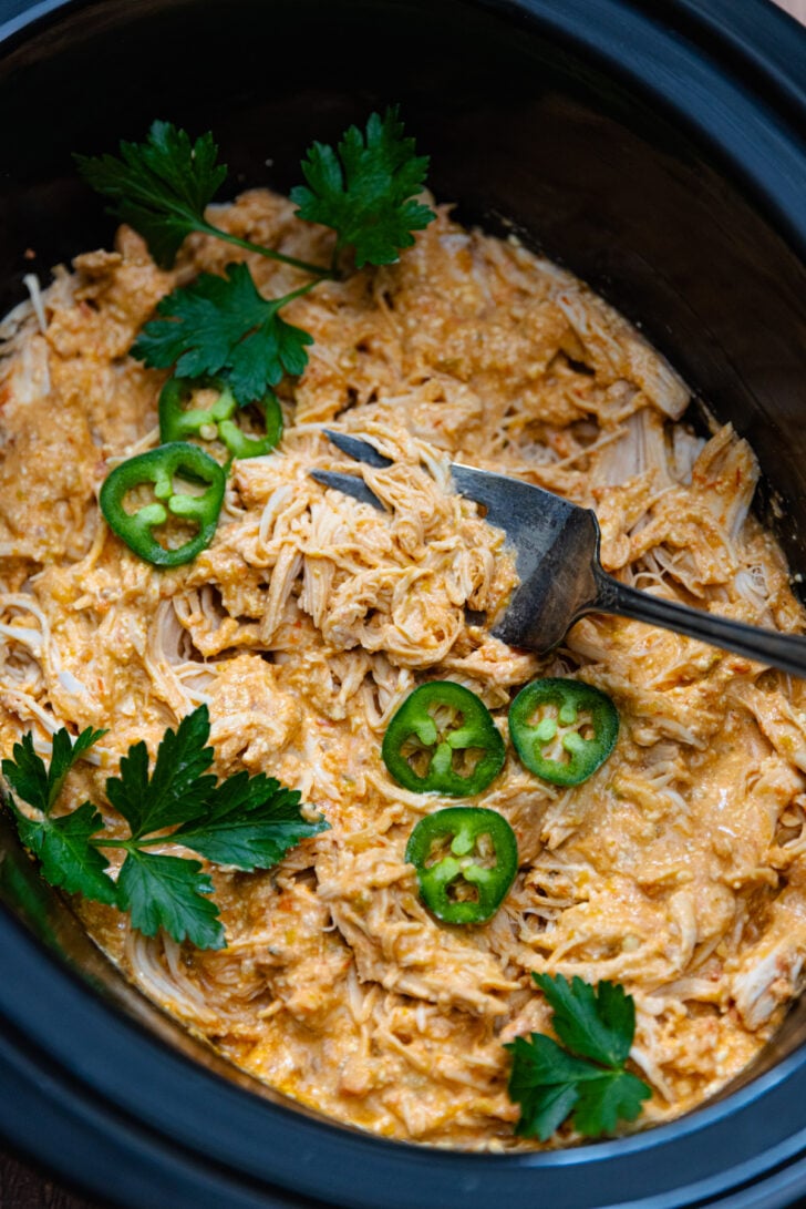 Overhead flat-lay of raw chicken breasts, a jar of chunky salsa, and a block of cream cheese arranged on a white marble surface before going into the crockpot