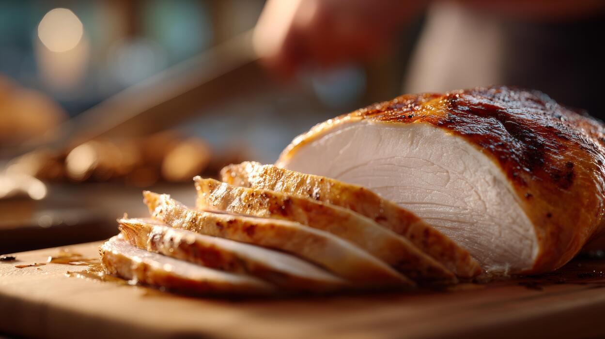 Close-up shot of carved dry brined roast turkey breast slices fanned on a wooden board, juices pooling, crispy golden skin visible, fresh herbs scattered around, warm candlelit background