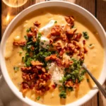 A steaming bowl of loaded baked potato soup topped with crispy bacon bits, shredded cheddar cheese, and fresh chives, served in a white ceramic bowl on a rustic wooden table